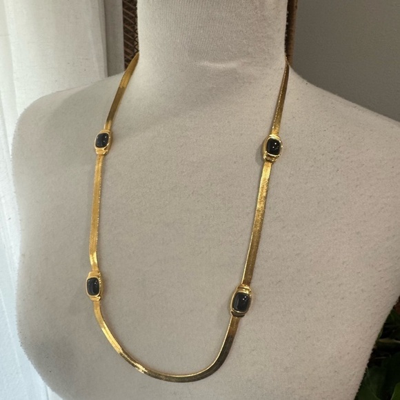 Jewelry - Vintage Gold Necklace w/ Black Oval Stones | 34” Long